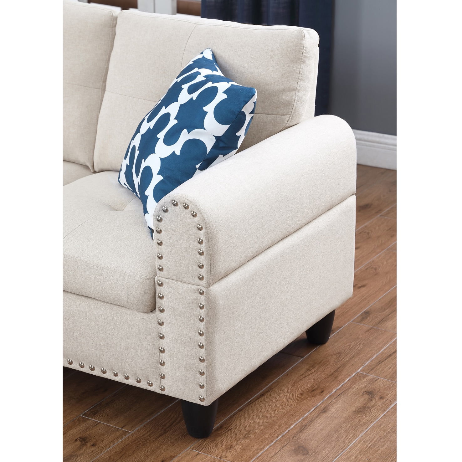 Hommoo L-Shaped Upholstered Sectional Sofa Couch with Storage & Cup Holders, Linen Living Room Sofa Set, No Ottoman, Beige