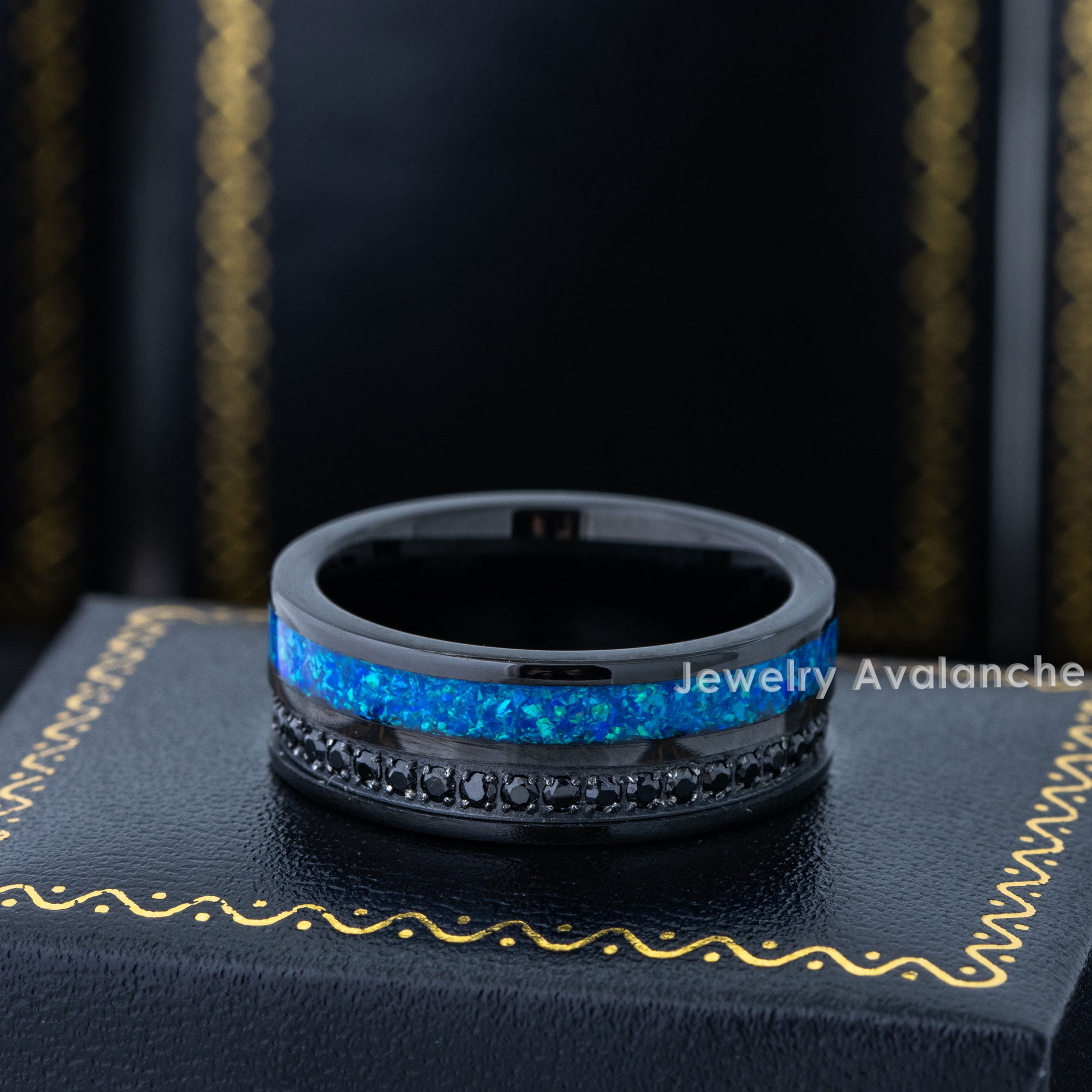 8mm Black Tungsten Eternity Wedding Band, Opal Inlay Pipe Cut