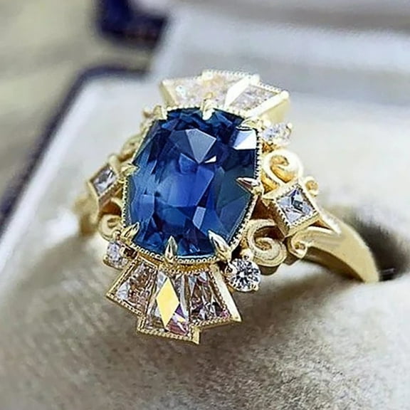 New Luxury Gold Color Blue Cubic Zirconia Lady Rings for Vintage Party Temperament Elegant Women Finger-ring