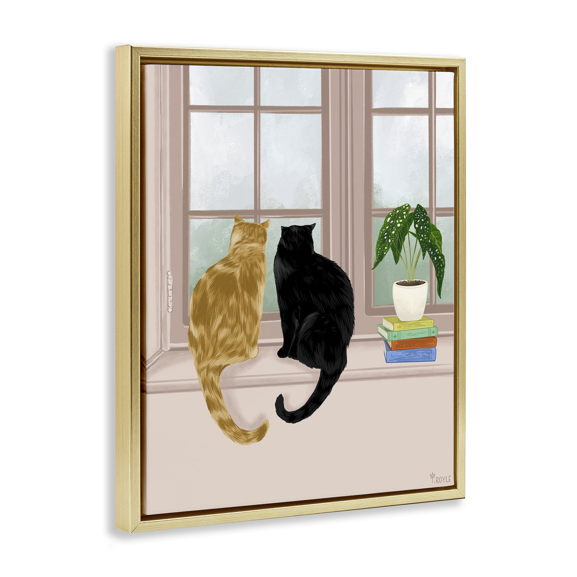 Stupell Industries Cat Pair in Windowsill Animals & Insects Painting Gold Floater Framed Canvas Art Print Wall Art, 17 x 21