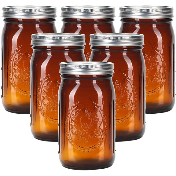 Amber Glass Mason Jars 32 oz Wide Mouth with Airtight Lids and Bands 6 Pack Large Glass Canning Mason Jars Quart,Great for Canning Jar Pickle Fermenting Jam Jar