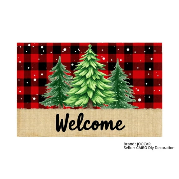 JOOCAR Christmas Plaid Pine Trees Welcome Doormat Linen Table Mats Set of 4 for Home Kitchen Table Decor 12x18 inch