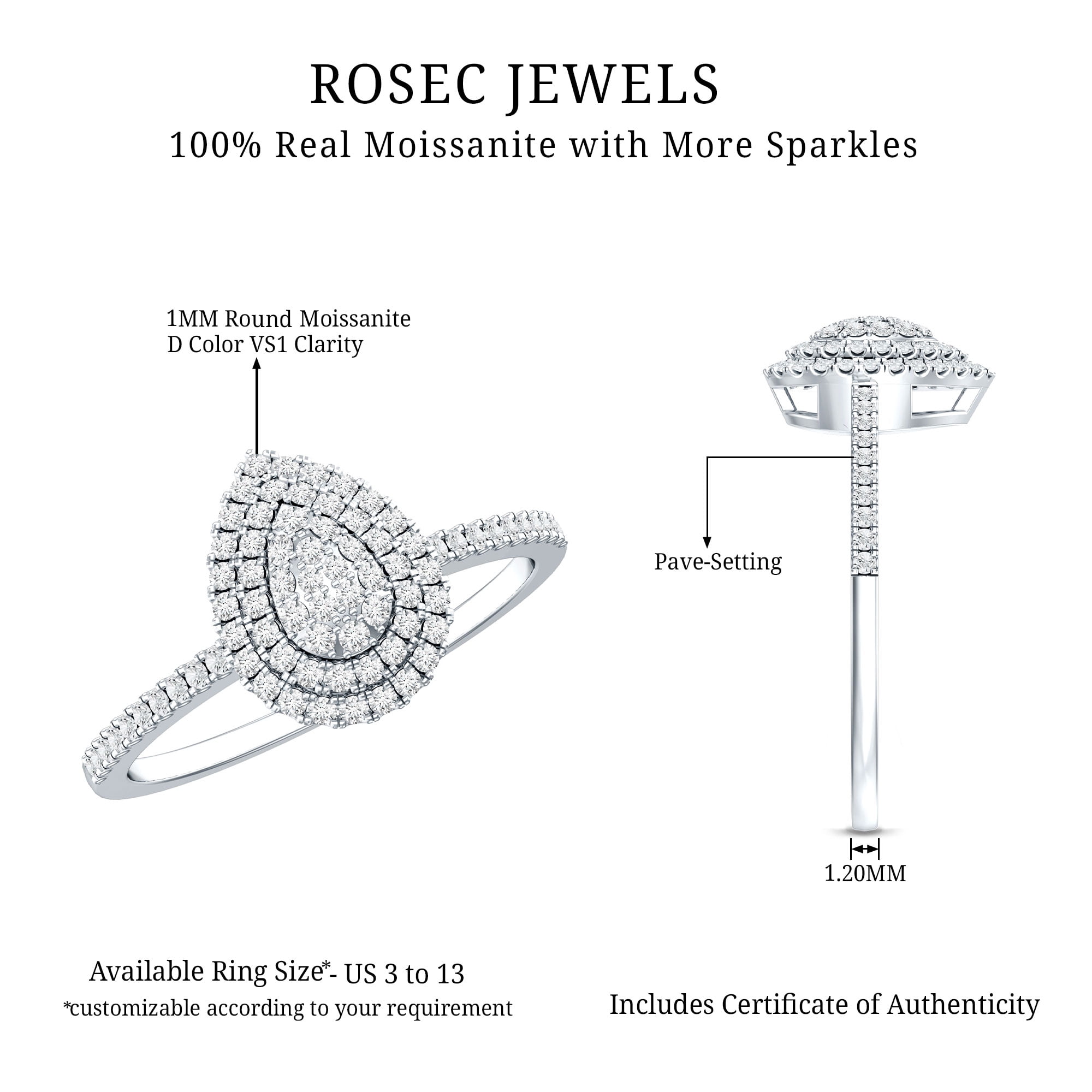 Rosec Jewels Certified Moissanite Pear Shape Engagement Ring for Women, 14K White Gold, US 11.00