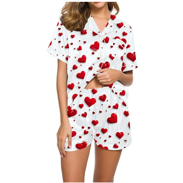 RKSTN Valentine's Day Gifts Women's Valentines Pajama Sets Plus Size Notch Collar Button Down Valentine Heart Print Short Sleeve T Shirt and Pjs Shorts 2PC Matching Set 2 Piece Summer Loungewear