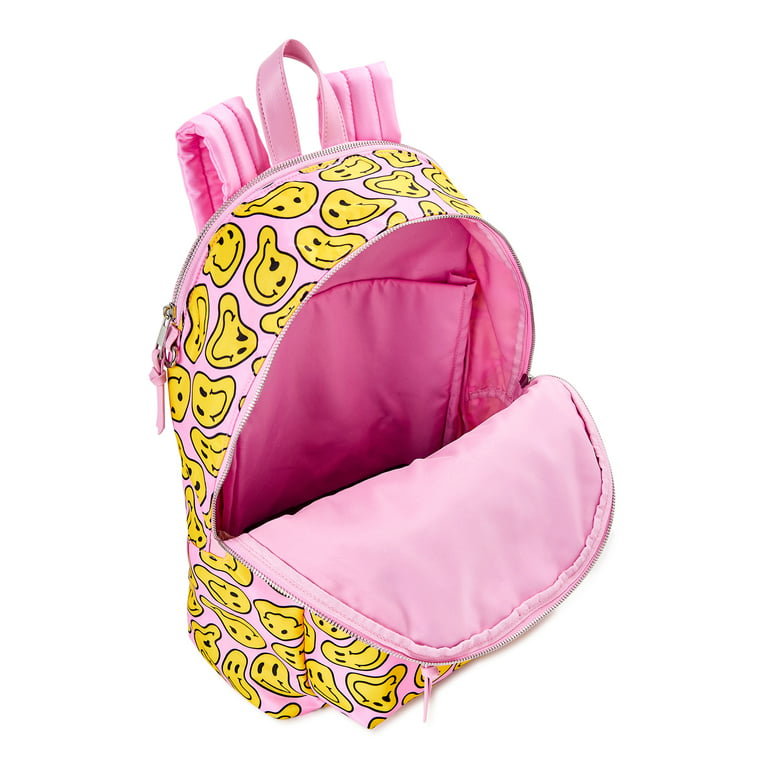 No Boundaries Women's Dome Zip Backpack, Pink Drip Smiley Print