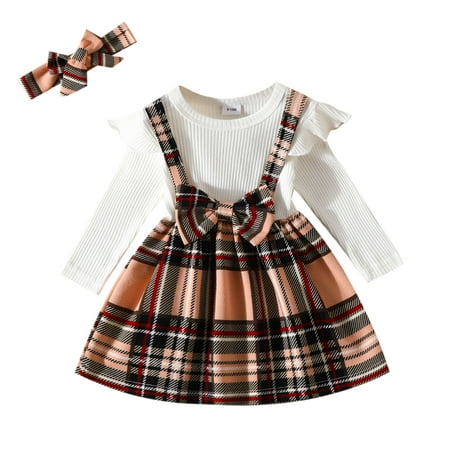 

WUXIAN Toddler Girls Long Sleeve Plaid Printed Dress Ribbed Bowknot Dresses Sundress Headbands Set Infants Baby Children Simple Dailywear