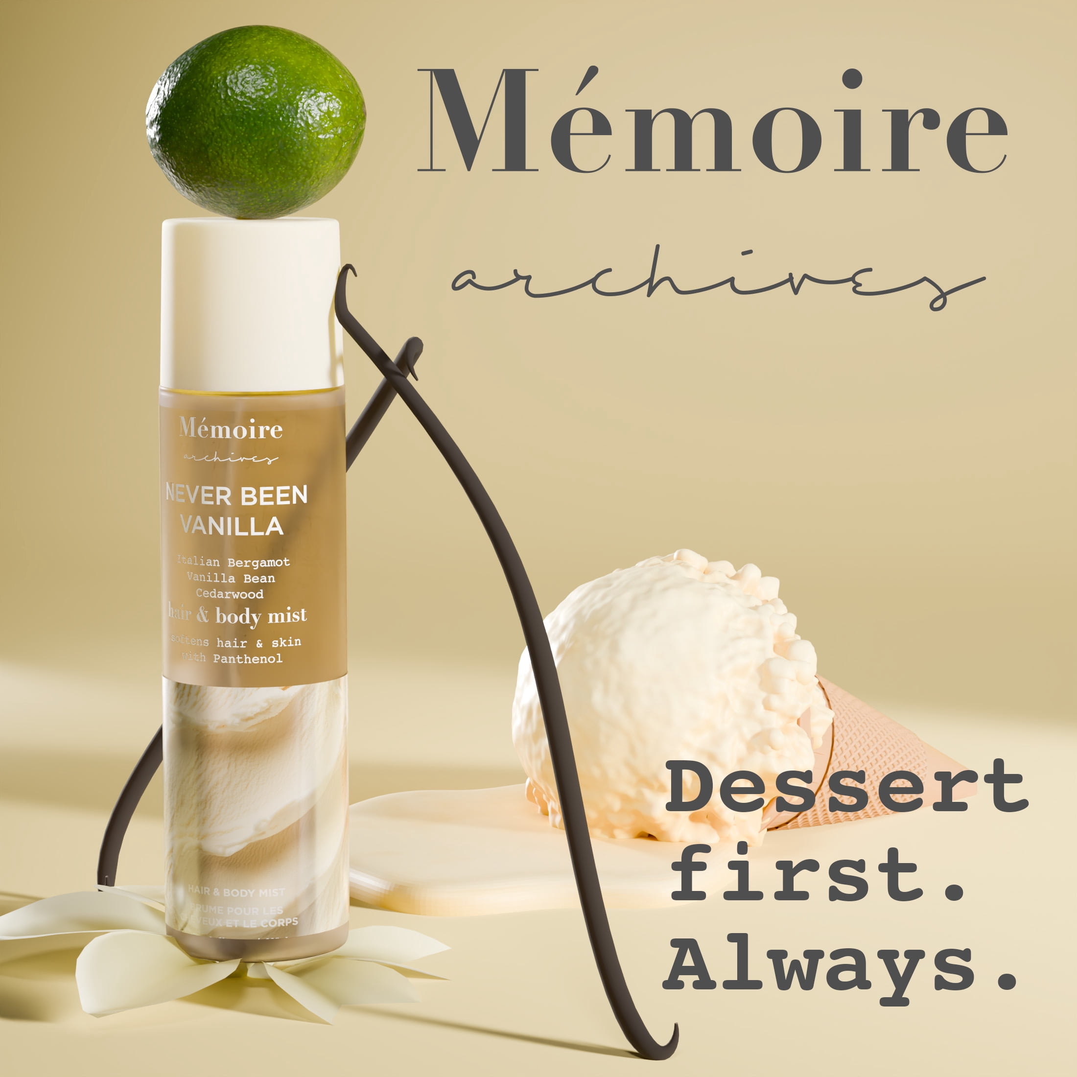 Mémoire Archives Never Been Vanilla Hair & Body Mist, Vanilla Gourmand Fragrance with Bergamot & Cedarwood, Hydrating Hair & Body Spray, 8 oz