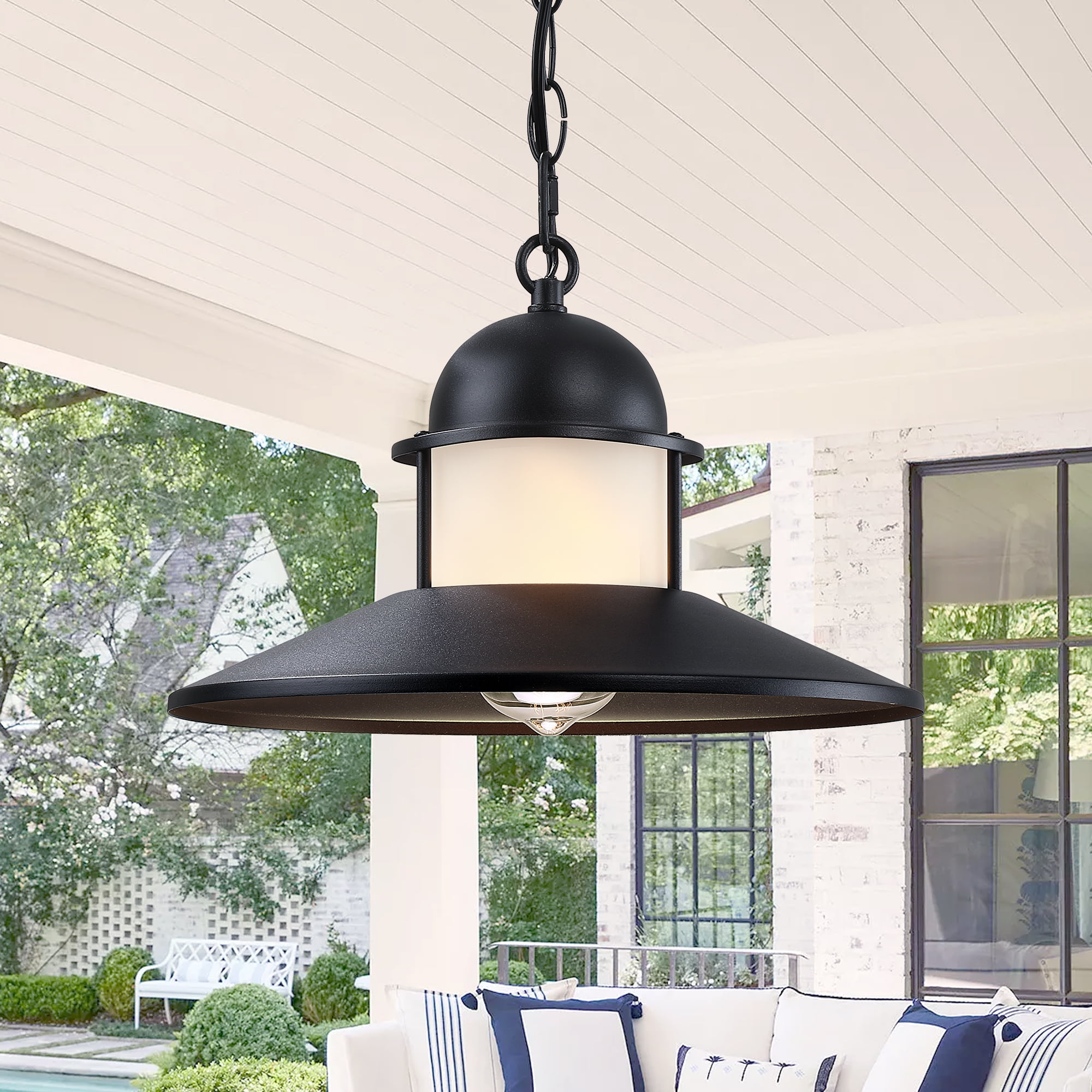 Outdoor Pendant Light 2 Pack, Modern Outside Chandelier Outdoor Hanging Lantern Light in Matte Black with Frosted Glass, Exterior Pendant Lighting Fixture Ceiling Mount for Porch Patio Gazebo