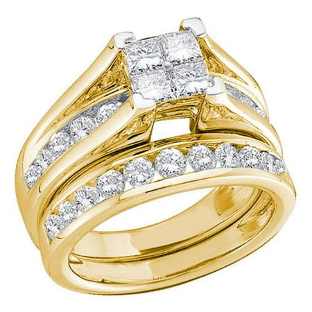 - 10kt Yellow Gold Womens Princess Diamond Bridal Wedding Engagement Ring Band Set 1/2 Cttw