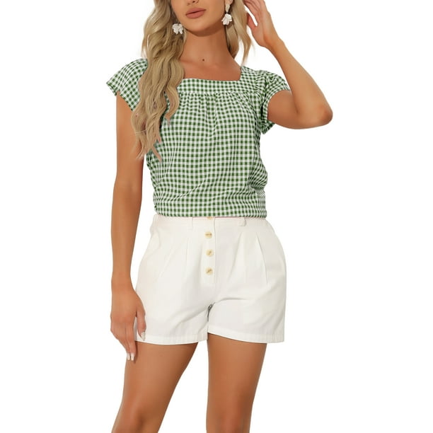 INSPIRAR CHIC Blusa de Mujer de Verano con Cuello Cuadrado y Mangas Cortas de Gingham en Verde y Blanco