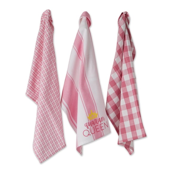Set of 3 Pink and White Quaranqueen Time Dish Towel, 28"