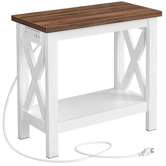 End Table with Charging Station, Narrow 2-Tier Side Table with Storage Shelves, Slim Nightstand for Small Spaces, Living Room, Bedroom, Farmhouse Style, White and Walnut WH360UBZ01