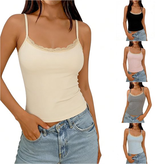 HAYIMI Women Seamless Camisole With Lace Spaghetti Strap Built In Bra Comfortable Soft Stretch Tank Tops Summer Round Neck Solid Color Sleeveless Boho Vests