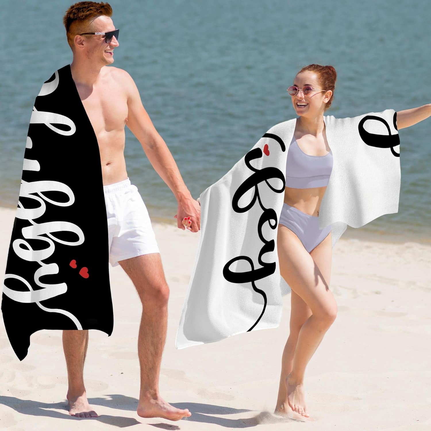Couple Wifey Hubby Beach Towel Set of 2, Honeymoon Wedding Beach Towels Gifts for Bride Groom Valentines Him Her, Black and White Beach Towels Oversized Decor for Bathroom 30x60in