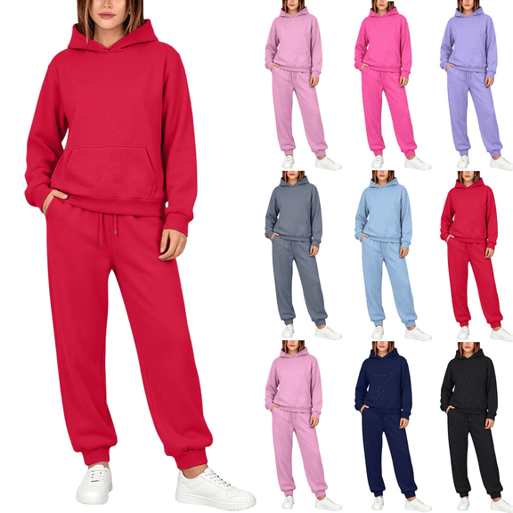 Womens 2 Piece Lounge Sweatsuit Oversized Fall Hoodies Matching Cuffed Sweatpants Solid Color Tracksuit Sets
