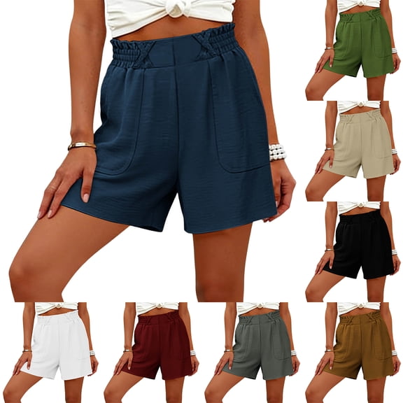 Bloomae Shorts for Women with Pockets Summer Casual Elastic High Waisted Wide Leg Cute Dressy Beach Shorts Trendy Holiday Vacation Beach Clothes White S