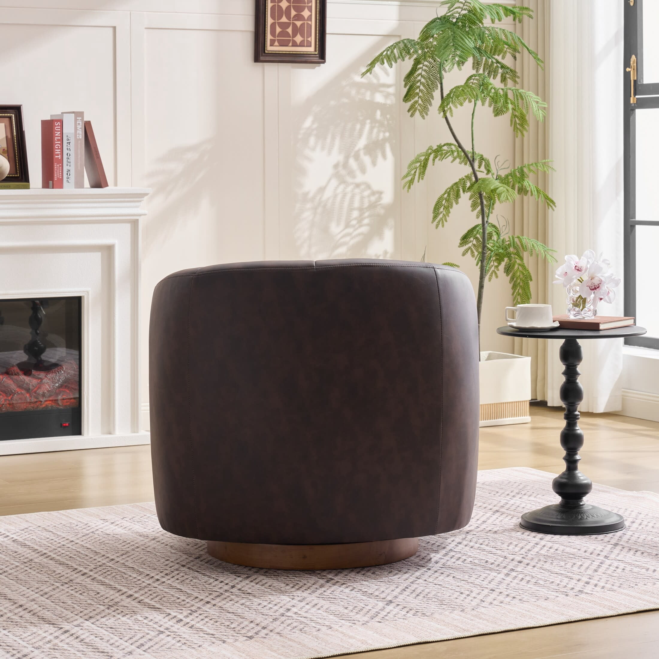 Noble House Swivel Accent Chair with Solid Wood Base, PU Upholstered Armchair for Living Room, Dark Brown