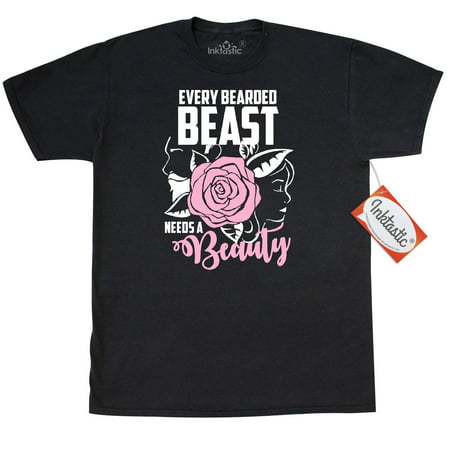 Inktastic Every Bearded Beast Needs A Beauty With Pink Rose T-Shirt Men Beards Tattoos Parody Illustration Trending Trend Gift For Her Mens Adult Clothing Apparel Tees