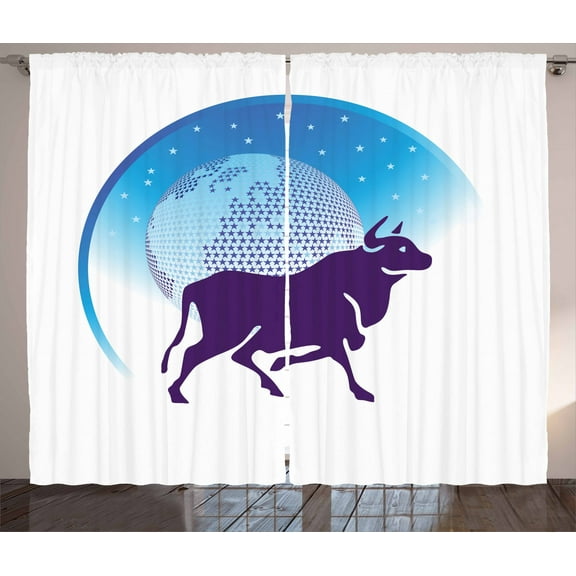 Zodiac Taurus Curtains 2 Panels Set, Earth Globe with Stars and Dark Bull Animal Universe Future, Window Drapes for Living Room Bedroom, 108W X 63L Inches, Dark Purple Blue and White, by Ambesonne