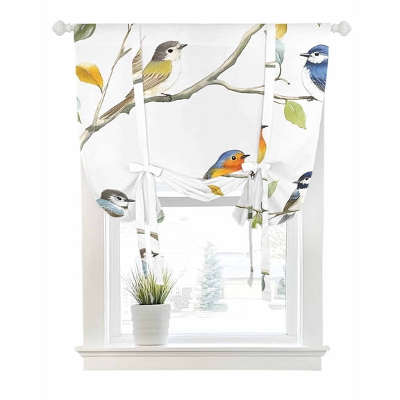 Spring Bird Tie Up Curtains for Window, Thermal Insulated Balloon Shade Adjustable Rod Pocket Curtains Valance Panels for Kitchen Bathroom Cafe 42 x 54 Watercolor Tree Leaf Branch Watercolor