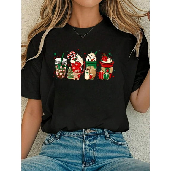 Women Cotton Tshirt Christmas Coffee Women Sweets Winter Cozy Xmas Coffee Lovers T-Shirt Comfort Tshirt Women