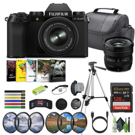 FUJIFILM X-S20 Mirrorless Camera with 15-45mm + XF 8mm F/3.5 R WR Lenses + 128GB Memory Card + Filter Set + Corel Editing Software + Camara Bag + Tripod, Ideal Vlogging Video Camera Kit (15pc Bundle)