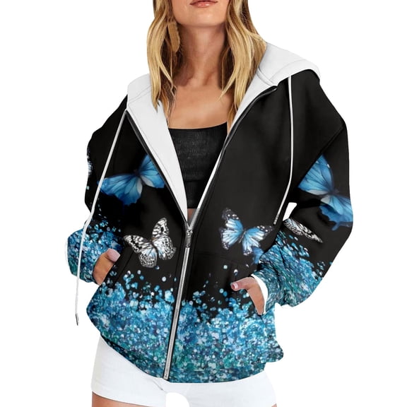 Womens Hoodies Graphic Print Full Zip Up Hooded Sweatshirts Fall Long Sleeve Sweaters Pullover Y2k Clothes