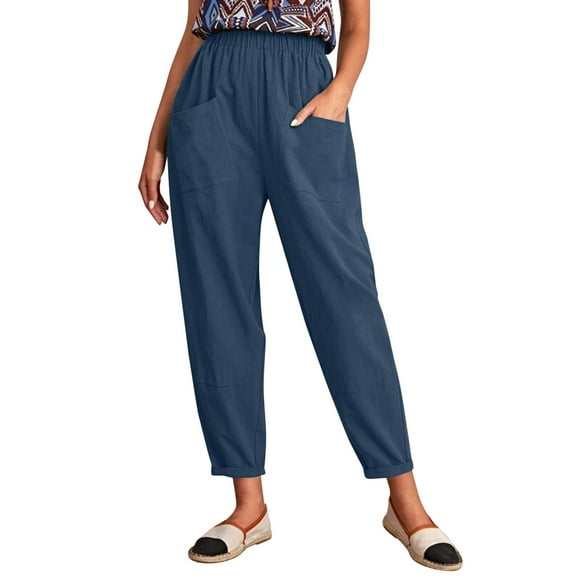EDFBUYKRS Female Women Pants Casual Linen Pants Women Petite Short Length Women's Spring and Summer and Linen Solid Color Casual Stitching Wide-Leg Trousers Loose Pocket Straight-Leg Pants Xl