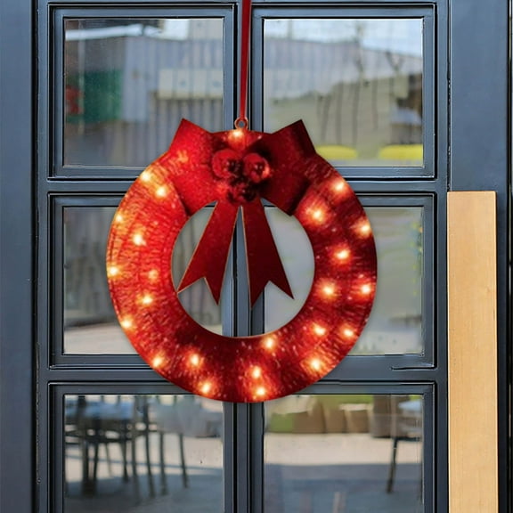 Outdoor Christmas Wreath, Lighted Wreath with LED Lights and Red Bow, Metal Holiday Decor for Exterior Window Wall Front Door