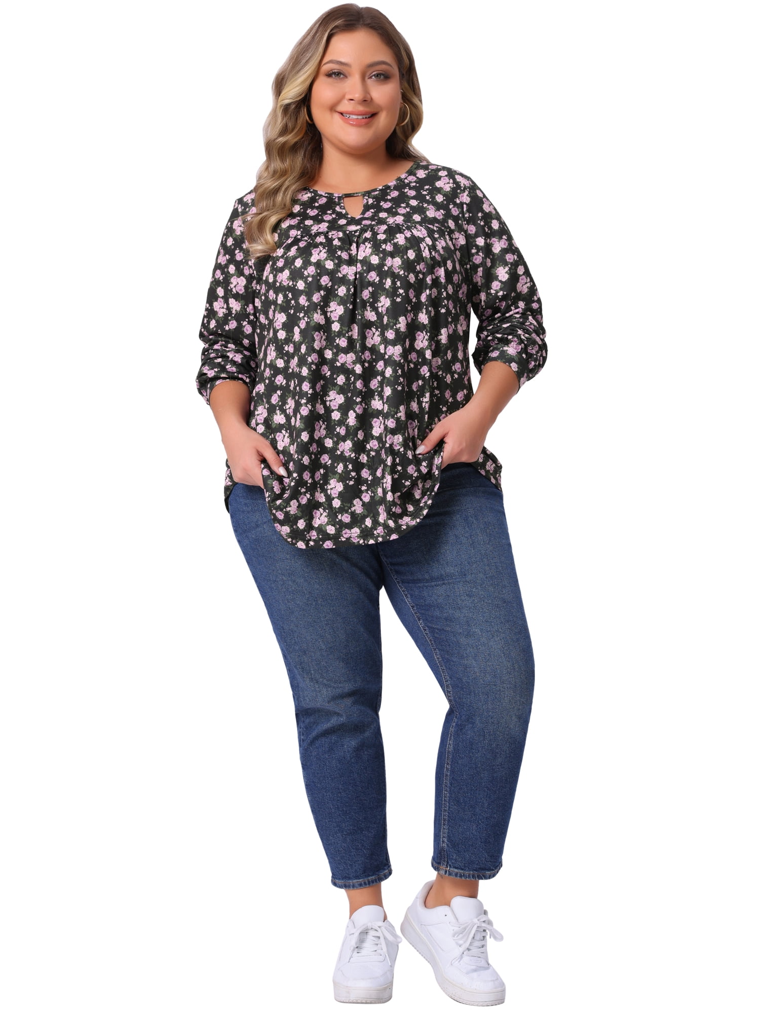 DARING DIVA Women's Plus V Neck Keyhole Pleated Floral Blouse 2X Black
