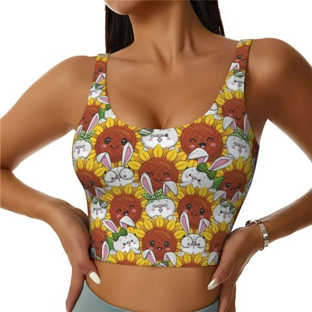 Jgfou Cartoon Sunflowers Print Womens Sports Bra - Padded Workout Sports Bras Crop Tank Top