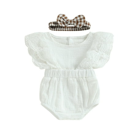 

Biekopu Baby Girl 2 Pcs Outfits Lace Ruffle Trim Summer Romper and Stretch Cute Headband