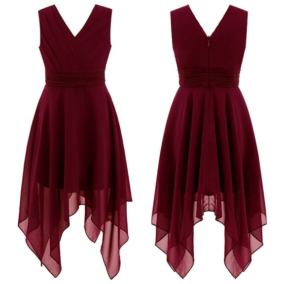 iiniim Kids Girls V Neck Sleeveless Princess Asymmetric High-Low Pleated Dress