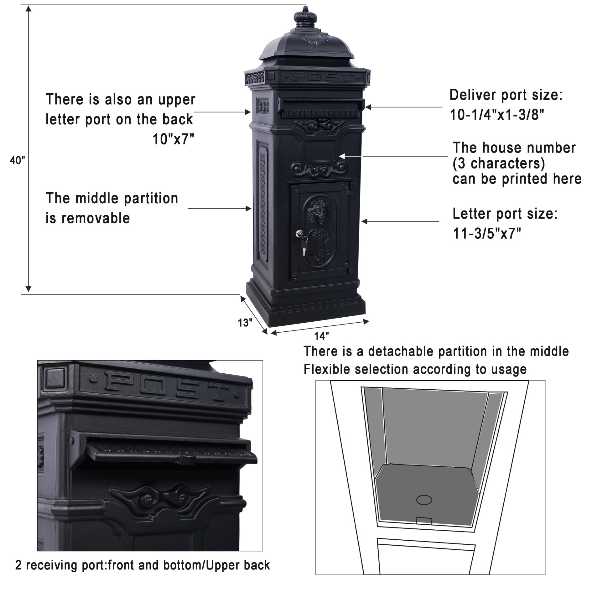 Large Capacity Outdoor Mailbox, Rainproof Floorstanding Letter Box Statue for Garden, Residential Use, Black