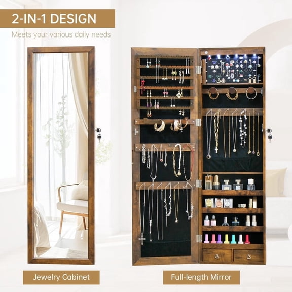 Nextay 47.2" LED Lockable Jewelry Cabinet, Wall/Door Mount Full-Length Mirror & Large Storage Armoire with Drawers, Brown