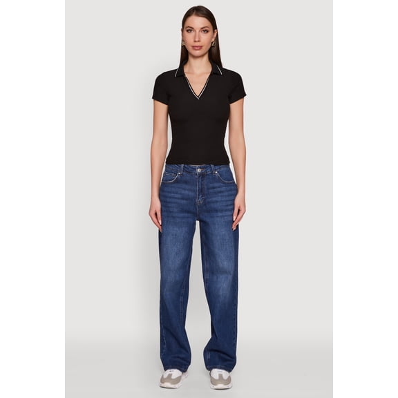 Women's Iris Ribbed Knit Polo Top with Contrast Trim