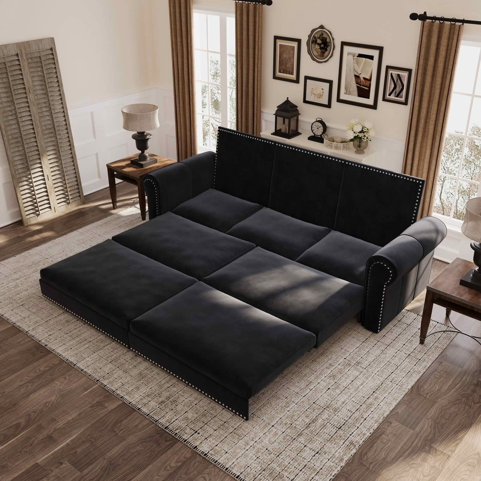 MAYEERTY 93.7" Chesterfield 3‑in‑1 Pull‑Out Sofa Bed, Velvet Sleeper Sofa with Nailhead Trim & Rolled Arms, King Size, 3 Pillows Included