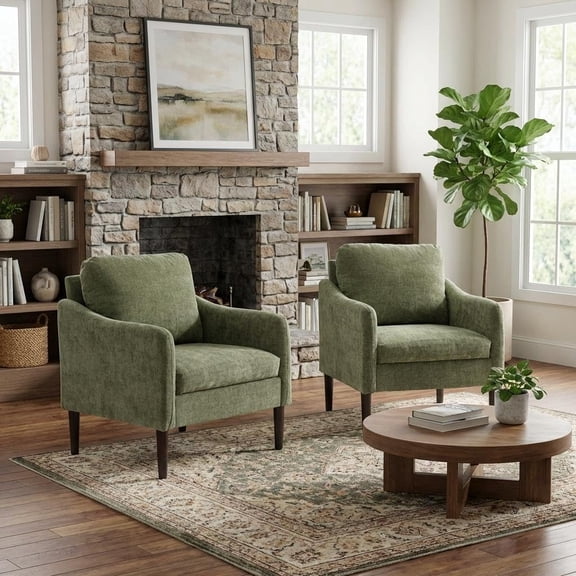 Mid-Century Modern Accent Chair Set of 2, Chenille Fabric Upholstered Armchair with Curved Arms, Ergonomic Reading Chair, Single Sofa Chair for Living Room, Bedroom, Office, Waiting Room,Green