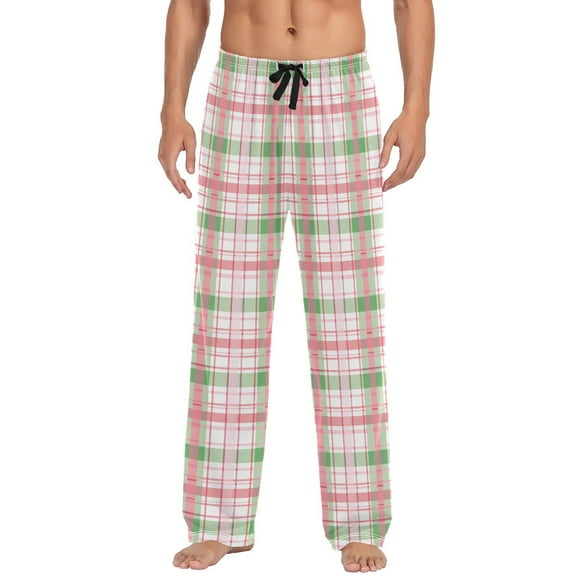 JSTEL Pink Checkered Grid Men's Sleepwear Mens Pajama Pants Bottoms with Pockets, S