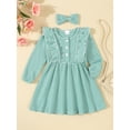 thumbnail image 3 of Baby Toddler Girl Fall Dresses Outfit, 3 8 12 18 24 Months 2T 3T Striped Ruffle Long Sleeve A-Line Dress Bow Hair Clip 2 Piece Set, 3 of 9