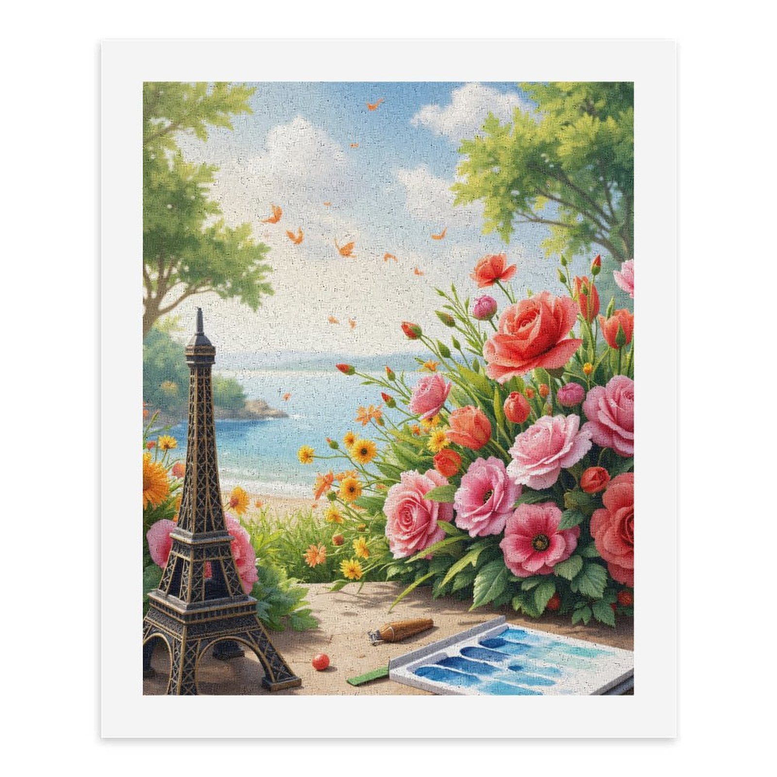Paint By Numbers Kit for Adults Beginner - Roses Seaside Art Miniature Eiffel DIY Canvas Painting Kits for Adults, Frameless Paint By Number for Adults for Home Wall Decor 16x20 Inch