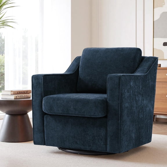 Swivel Accent Chair for Living Room, Modern Upholstered Barrel Arm Chair with Plump Back Pillow, Comfy Club Sofa Reading Chair for Adults (Chenille Navy, Set of 1)