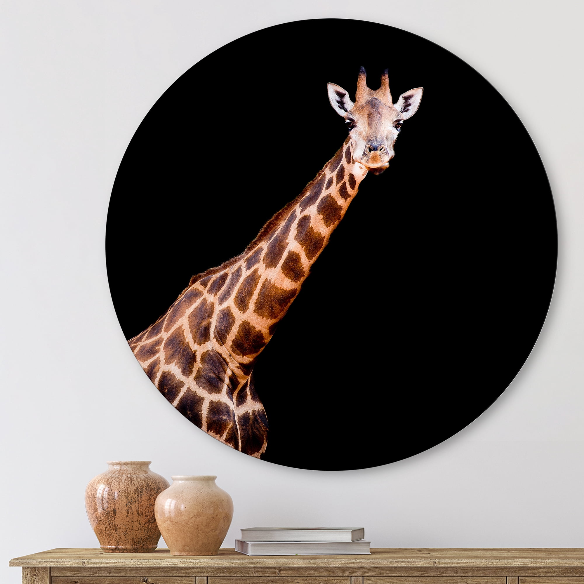 Designart 'Portrait of A Giraffe On Black Background III' Farmhouse Circle Metal Wall Art 11x11 - Disc of 11