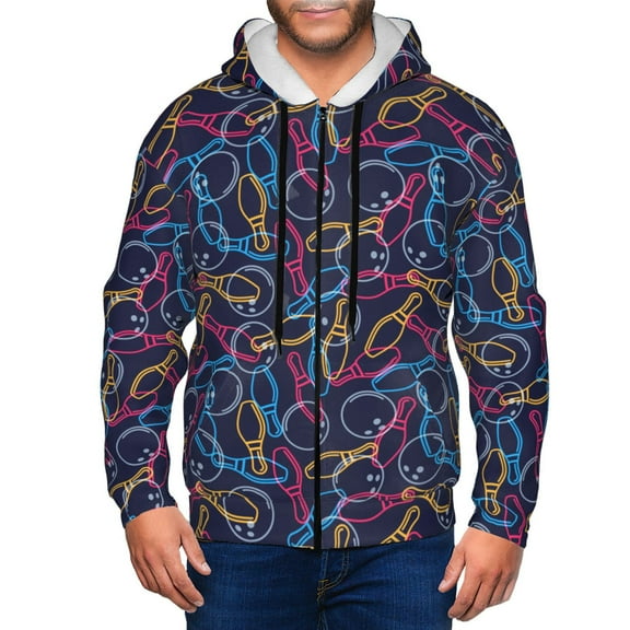 Kdxio Multicolor Bowling Print Men Hoodies Casual Hoodies for Men with Zip Pockets Full Zip Long Sleeve Sweatshirt Sports Hooded Jacket-Small