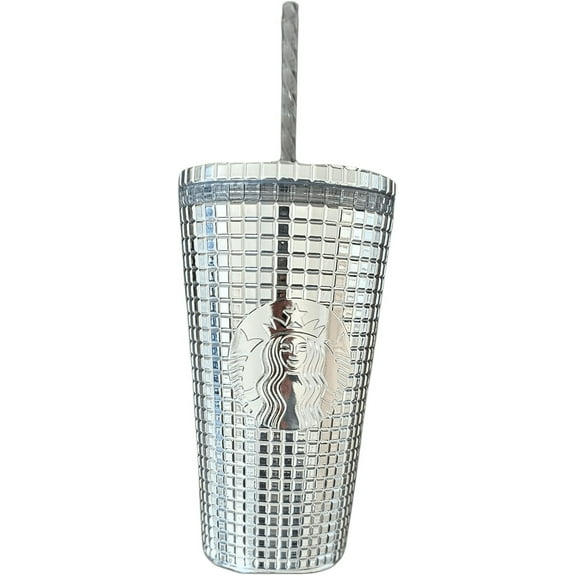 Starbucks 2023 Holiday Stainless Steel Tumbler with Cold Wrap, 16oz, Silver Chrome Grid, Grande