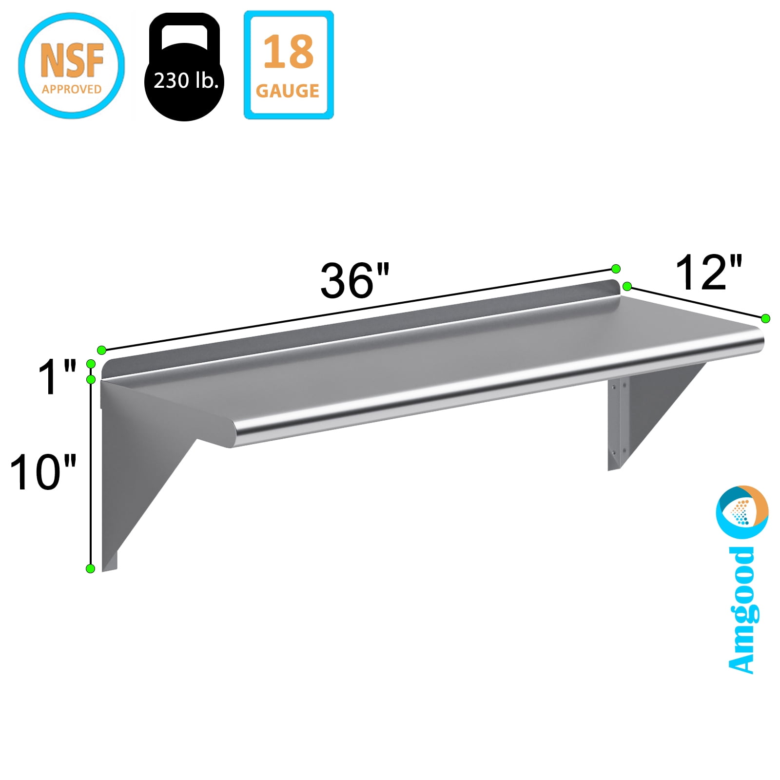 AmGood 12 in. x 36 in. Stainless Steel Wall Shelf | NSF Certified | Appliance & Equipment Metal Shelving | Kitchen, Restaurant, Garage, Laundry, Utility Room
