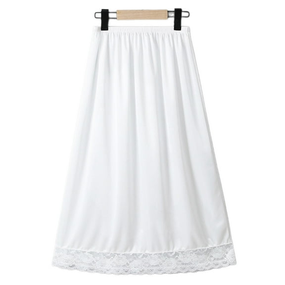Women Lace Trim Half Slip Long Underskirt Under Dress Slip Elastic Waist Long Petticoat Ice Silk Invisible Skirt