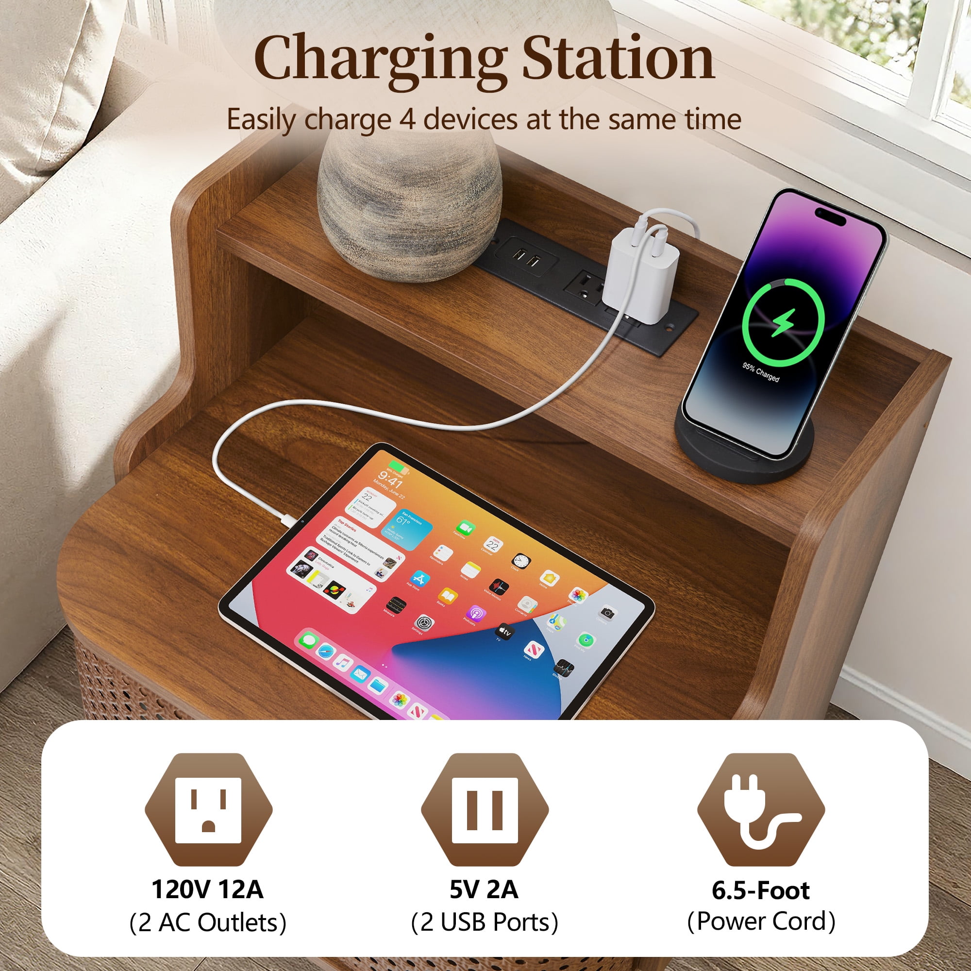 YOCWO Large Storage Nightstand Set of 2 with Charging Station Iron Rattern Pattern, Farmhouse Square End Table with 2 Door and Open Shelf for Bedroom Living Room, Walnut