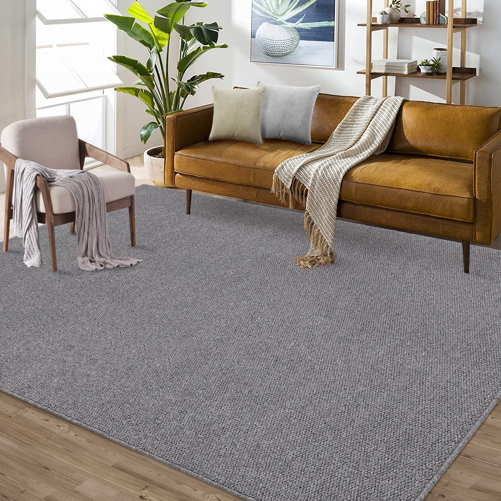 COZONY 9'x12' Washable Area Rug, Modern Textured Low-Pile Polypropylene Carpet, Stain Resistant Non-Slip Solid Accent Rug for Living Room, Gray