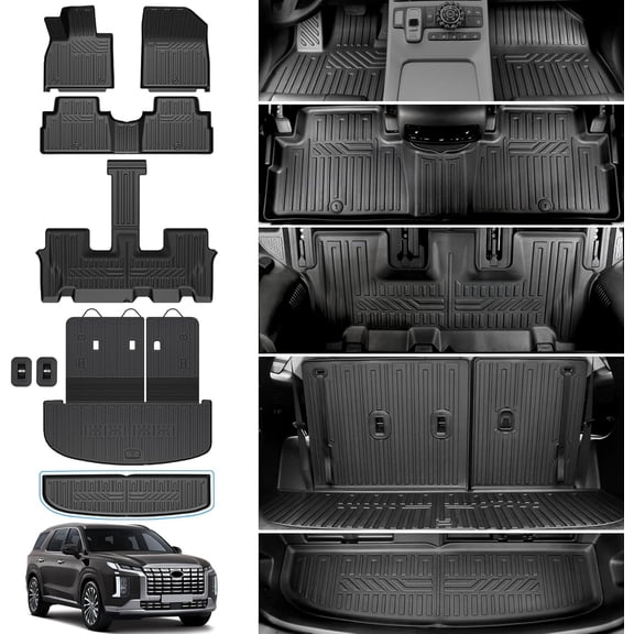 Floor Mats for 2020-2024 2025 Hyundai Palisade 7/8 Passenger, Trunk Mat with Seat Back Cover and Lower Cargo Mat All Weather Interior Protector for Hyundai Palisade Calligraphy Accessories